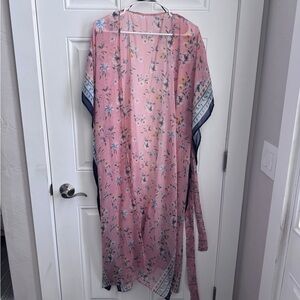 Lucky Brand Floral Pink Kimono with Blue Trim